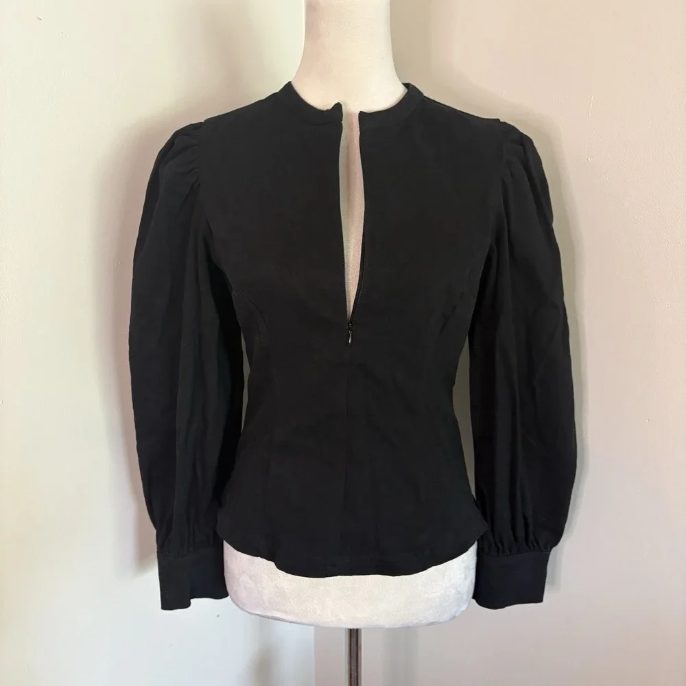 Tuckernuck Hyacinth House Black Denim Zip Anderson Blouse Puff Sleeve Sz Small S